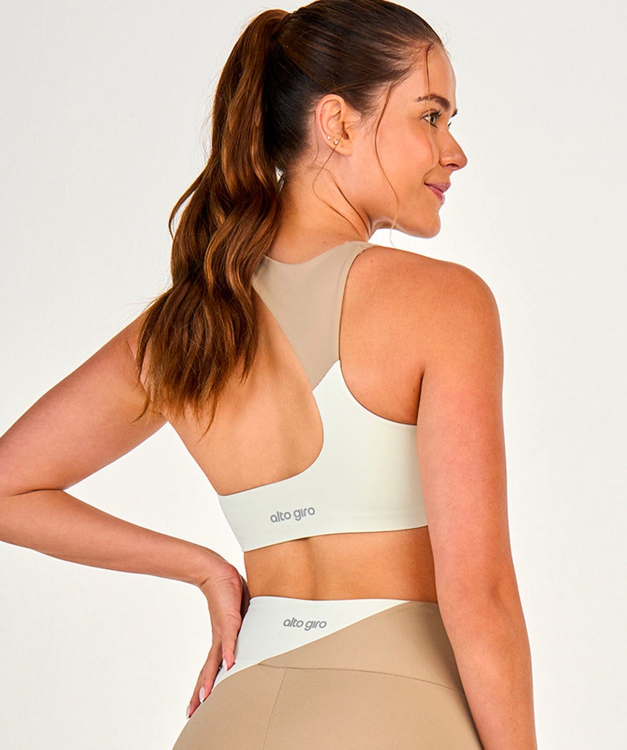 High neckline top with asymmetrical back