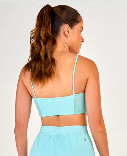 Strappy tank top with tulle cutouts